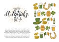 St Patrick`s day Poster with Hand drawn icons. St. Patrick`s hat, horseshoe, beer, barrel, irish flag, four-leaf clover and gold Royalty Free Stock Photo