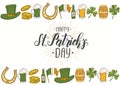 St Patrick`s day Poster with Hand drawn icons. St. Patrick`s hat, horseshoe, beer, barrel, irish flag, four-leaf clover and gold Royalty Free Stock Photo