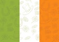 St Patrick`s day Poster on irish flag. Hand drawn doodle St. Patrick`s hat, horseshoe, four-leaf clover and gold coins