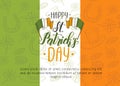 St Patrick`s day Poster on irish flag. Hand drawn doodle St. Patrick`s hat, horseshoe, irish flag, four-leaf clover and gold