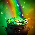 St. PatrickÂ´s day, pot of gold at the end of the rainbow, green shamrock leaves, irish holiday, generative AI