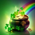 St. PatrickÂ´s day, pot of gold at the end of the rainbow, green shamrock leaves, irish holiday, generative AI