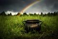 St. Patrick\'s day pot of gold on meadow with rainbow in background Royalty Free Stock Photo