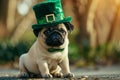 St.Patrick \'s Day. Pug dog sitting in a green leprechaun hat. Royalty Free Stock Photo