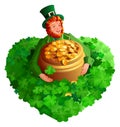 St. Patrick`s Day red gnome leprechaun holds pot of gold coins among clover heart shape Royalty Free Stock Photo