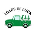 St. Patrick s day retro truck with cute cartoon gnomes. Saint Patricks day greeting card. Loads of luck lettering. Vector template Royalty Free Stock Photo