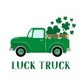 St. Patrick s day retro truck delivers shamrocks. Saint Patricks day greeting card. Green vintage pickup. Vector template for