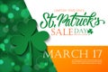St. Patrick`s Day Sale banner. Irish national holiday special offer background with hand lettering and four leaf clover.