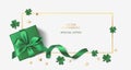 St Patrick`s day sale design template. Green gift box with clover leaves and golden coin confetti on white background.