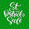 St. Patrick`s Day Sale lettering. Vector holiday discount poster. Isolated sign on green background Royalty Free Stock Photo