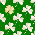 St. Patrick`s day seamless pattern with Clover leaves on green background. Trefoil and gold Four leaf paper clover. Royalty Free Stock Photo