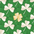 St. Patrick`s day seamless pattern with Clover leaves on green background. Trefoil and gold Four leaf paper clover. Royalty Free Stock Photo