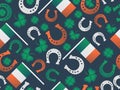 St. Patrick`s Day seamless pattern, Irish holiday. Festive background with clover leaf, horseshoes and Irish flag. Vector Royalty Free Stock Photo