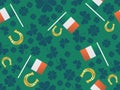 St. Patrick`s Day seamless pattern, Irish holiday. Festive background with clover leaf, horseshoes and Irish flag. Vector Royalty Free Stock Photo