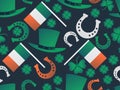 St. Patrick`s Day seamless pattern, Irish holiday. Festive background with clover leaf, leprechaun hat, horseshoes, Irish flag. Royalty Free Stock Photo