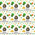 St. Patrick\'s Day seamless pattern with leprechaun hat, lettering, with balls of the colors of the Irish flag, clover