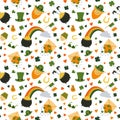 St. Patrick`s day seamless pattern. Rainbow with pot of gold coins, leprechaun hat, irish flag and clover leaf Royalty Free Stock Photo