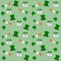 st patrick's day seamless pattern with shamrock, green hat, ireland flag pennants and calendar, vector background