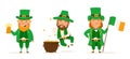 St. Patrick Day set of different characters of leprechauns in different suits. Vector Illustrations. Beer, pot of Royalty Free Stock Photo