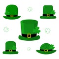 St.Patrick s Day. Set of five different green caps leprechaun with clover. Cartoon style, flat design. Vector Royalty Free Stock Photo