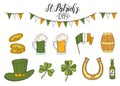 St Patrick`s day set with Hand drawn   St. Patrick`s hat, horseshoe, green beer, barrel, irish flag, four-leaf clover and gold Royalty Free Stock Photo