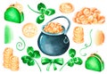 Pot of gold, purse and coins, clover. Watercolor illustration.Isolated on a white background Royalty Free Stock Photo