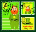 St Patrick`s Day stamps. Postage stamps for letters. Patrick`s stickers. Good luck. Hand drawn vector lettering with green hat a Royalty Free Stock Photo