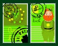 St Patrick`s Day stamps. Postage stamps for letters. Patrick`s stickers. Good luck. Hand drawn vector lettering with green hat a Royalty Free Stock Photo