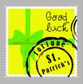 St Patrick`s Day stamps. Postage stamps for letters. Patrick`s stickers. Good luck. Hand drawn vector lettering with green hat a Royalty Free Stock Photo