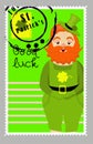 St Patrick`s Day stamps. Postage stamps for letters. Patrick`s stickers. Good luck. Hand drawn vector lettering with green hat a Royalty Free Stock Photo