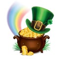 St. Patrick's Day symbols-Pot Of Gold and leprechaun hat. Royalty Free Stock Photo