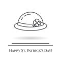 St. Patrick`s Day theme black and white line banner. Green leprechaun hat with shamrock leaf. Holiday related pictograms. Lineout