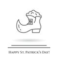 St. Patrick`s Day theme black and white line banner. Green leprechaun shoe with shamrock leaf and gold. Holiday related pictogram