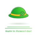 St. Patrick`s Day theme colorful line banner. Green leprechaun hat with shamrock leaf. Holiday related pictograms. Lineout. Simpl