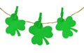 St. Patrick`s Day theme with decorations. Green clovers and clothespins