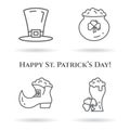 St. Patrick`s Day theme thin line color icons. Set of elements of shamrock, leprechaun hat, shoes, beard, gold and other holiday Royalty Free Stock Photo