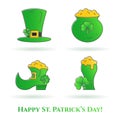 St. Patrick`s Day theme thin line color icons. Set of elements of shamrock, leprechaun hat, shoes, beard, gold and other holiday Royalty Free Stock Photo