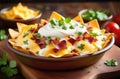 traditional Irish pastries, national Irish cuisine, Irish nachos with cheese and bacon, sour cream sauce and