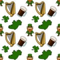 St. Patrick\'s Day vector seamless pattern with leprechauns, harps, shamrocks, beer mugs, and Ireland map Royalty Free Stock Photo