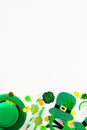 St Patrick`s Day vertical banner design, poster template, party invitation mockup. Flat lay leprechauns hat, party glasses,