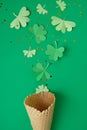 St. Patrick`s Day, Waffle Cone With Shamrock On A Green Background