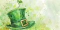 St Patrick's Day watercolor banner with green top hat with gold buckle on green background with splashes.