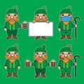 St patrick`s dwarf mascot cartoon character illustration in various poses. drinking beer, holding a white board, holding a stick,