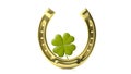 St Patrick`s four leaf clover and horseshoe isolated on white background. 3d illustration Royalty Free Stock Photo