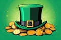 St. Patrick\'s hat with golden buckle, pile of coins under it on green background. Luck and richness