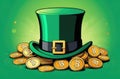 St. Patrick\'s hat with golden buckle, pile of gold coins with sign of bitcoin on green background Royalty Free Stock Photo