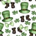 St. Patrick\'s pattern with the image of clover hat and shoes.