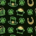 St. Patrick`s seamless pattern with neon shamrock, leprechauns hat, horseshoes, pot with coins on dark background.