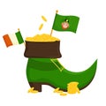 St. Patrick`s shoe with a gold band and the flag of Ireland. Flat cartoon vector illustration isolated on a white background