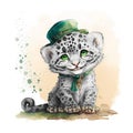 St. Patrick\'s smiling snow leopard kitten in a green leprechaun hat. Watercolor cartoon. Royalty Free Stock Photo